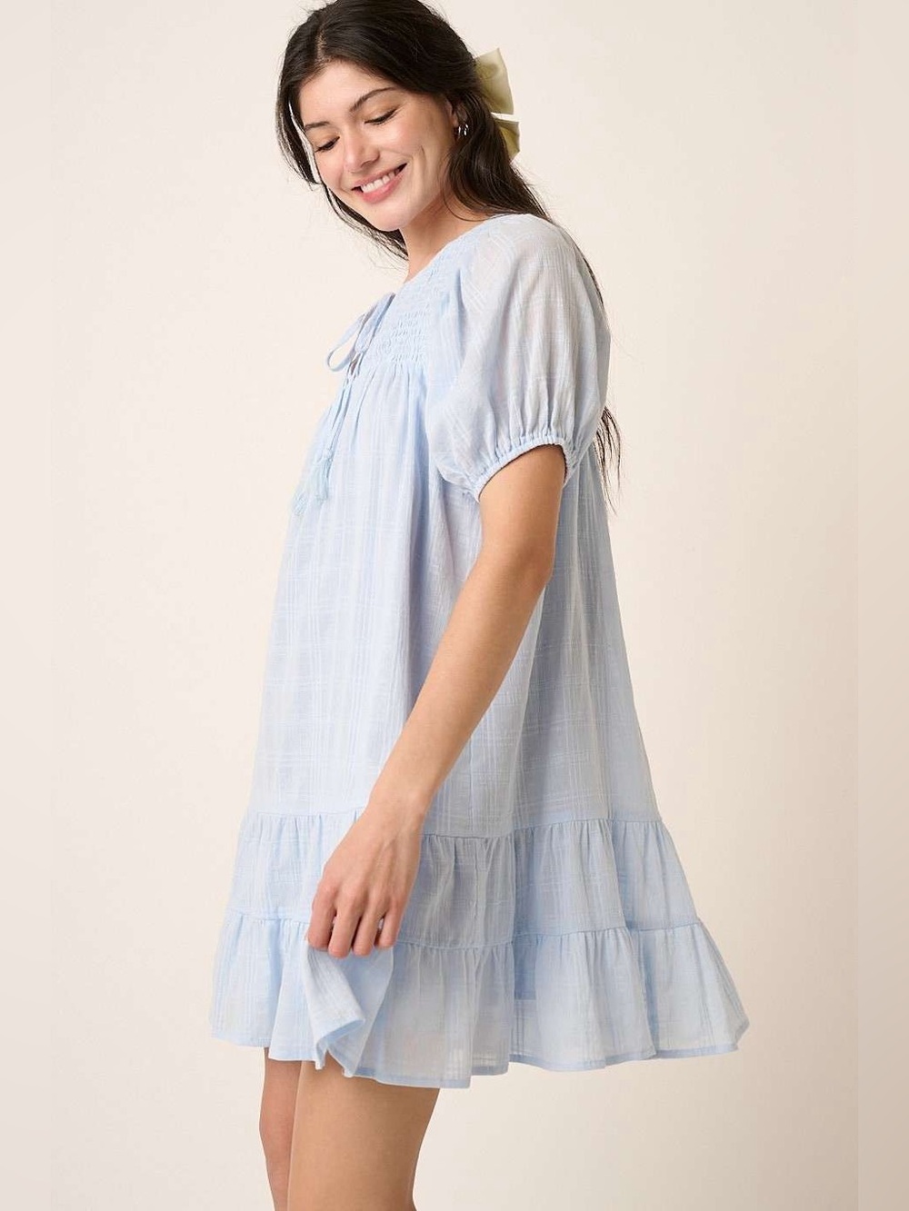 Mittoshop Tassel Tie Plaid Gauze Short Sleeve Mini Dress - Picture 4 of 5